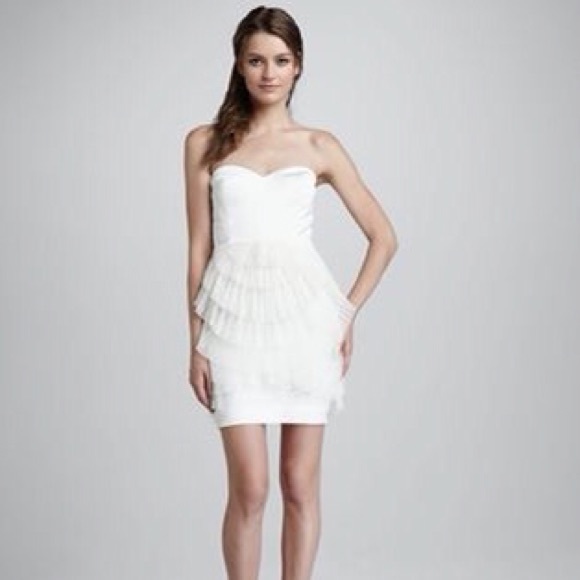 white ruffle strapless dress